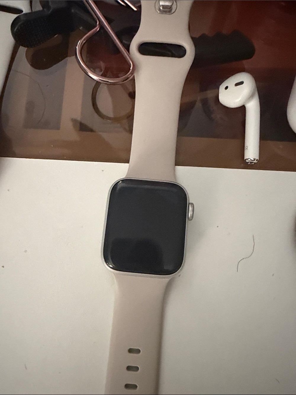 Apple Smartwatch with Beige Silicone Band and Silver Case